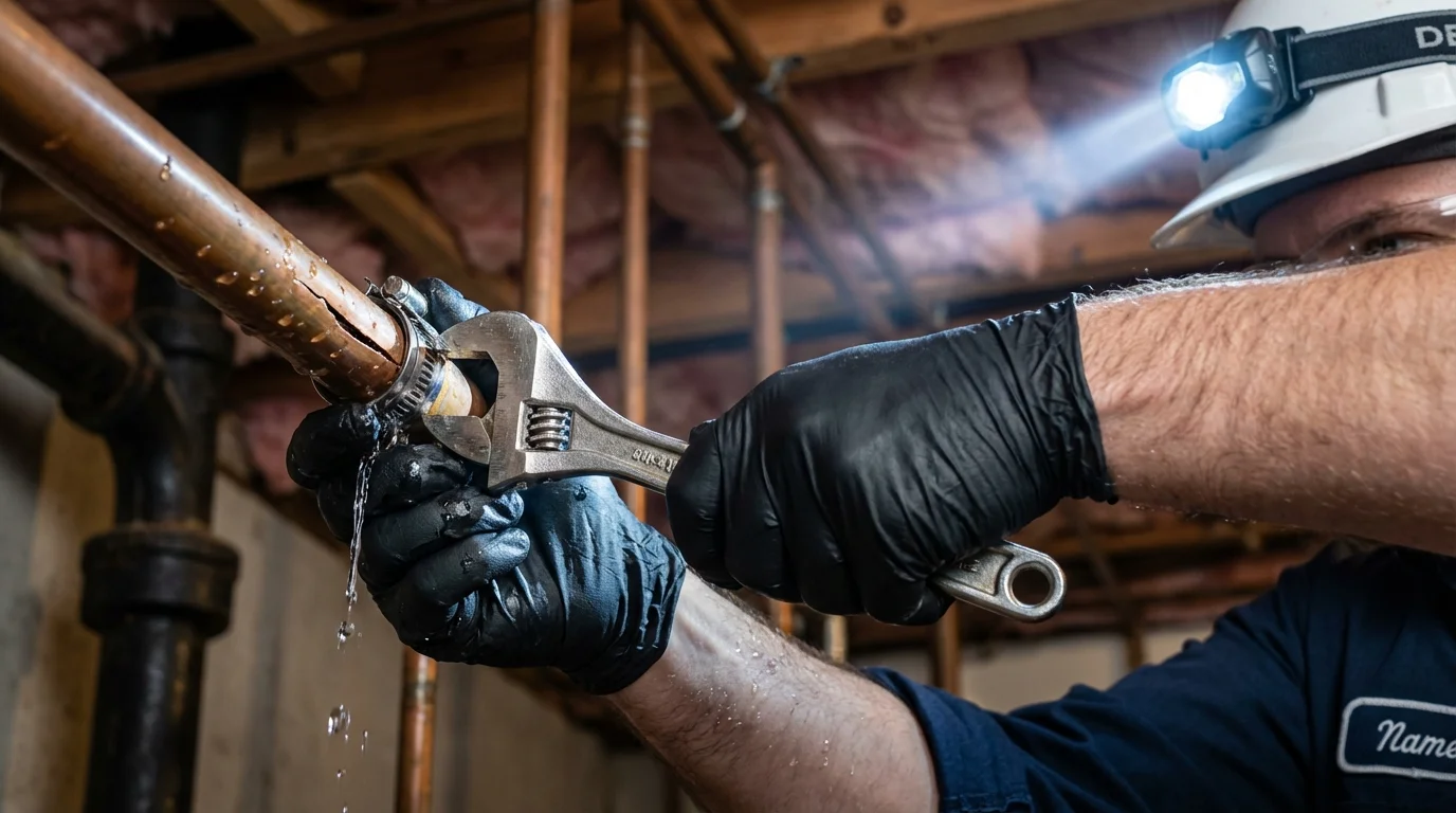 Emergency pipe clamp repair being performed by a Johns Plumbing LLC plumber in Milam
