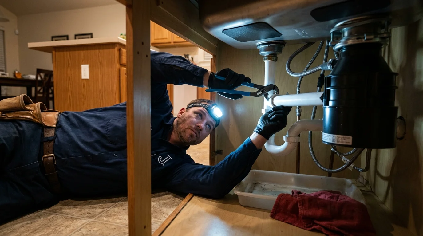 P-trap and supply line connections under a kitchen sink showing a common leak point in Milam, TX